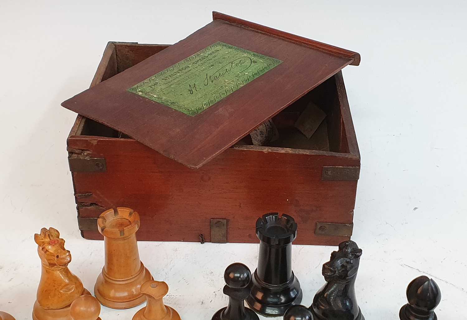 A late 19th century Jacques Staunton boxwood and ebony chess set, the rooks and knights bearing a - Image 4 of 12