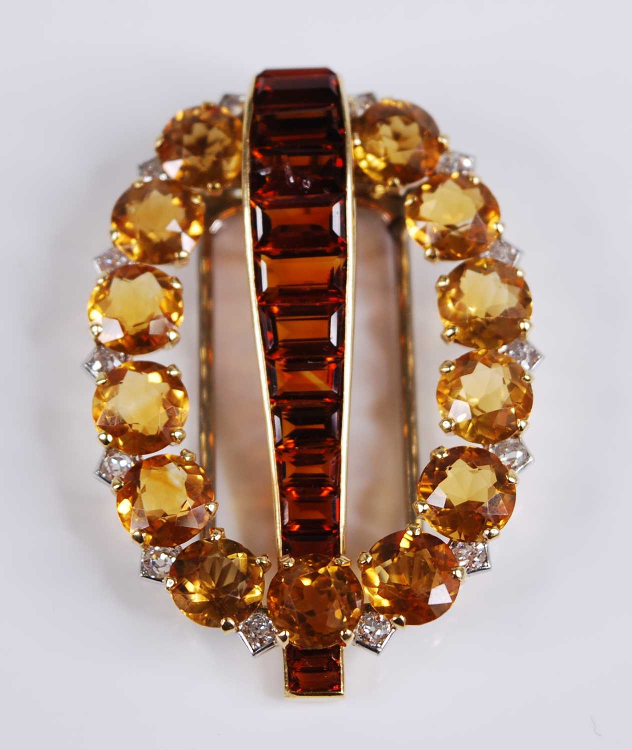 A yellow metal signed Cartier London citrine, topaz and diamond clip brooch, comprising a central - Image 4 of 11