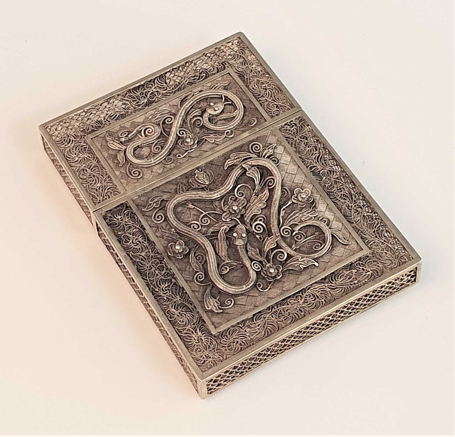 A 19th century Chinese export yellow metal filigree card case, of rectangular form and in two parts,