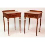 A pair of figured walnut and walnut lamp tables, each having four-quarter veneered cross and feather