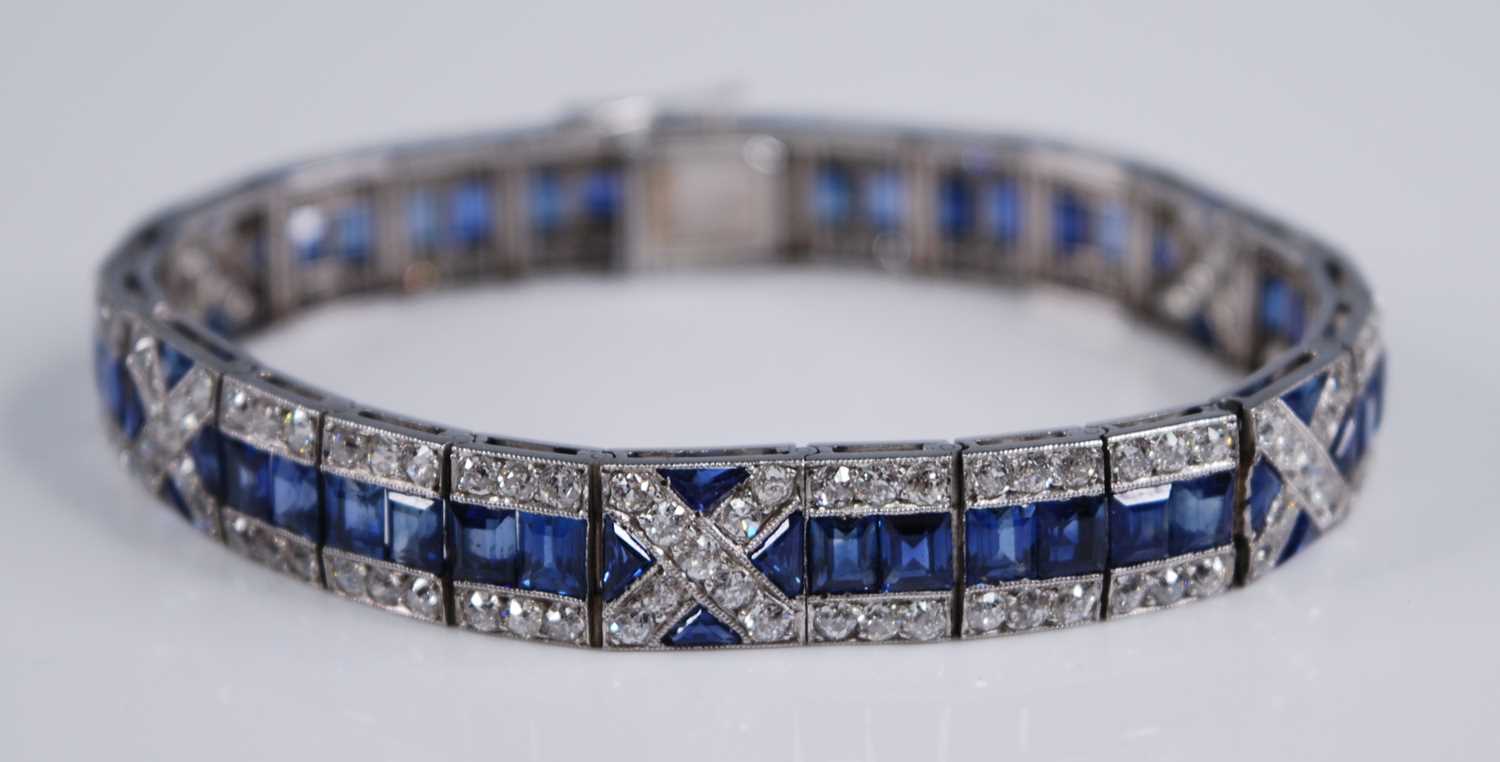 A white metal, sapphire and diamond Art Deco style articulated line bracelet, featuring 57 - Image 2 of 6