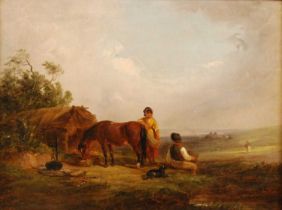 Thomas Smythe (1825-1906) - Gypsy encampment with feeding horse within an extensive landscape, oil