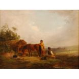 Thomas Smythe (1825-1906) - Gypsy encampment with feeding horse within an extensive landscape, oil