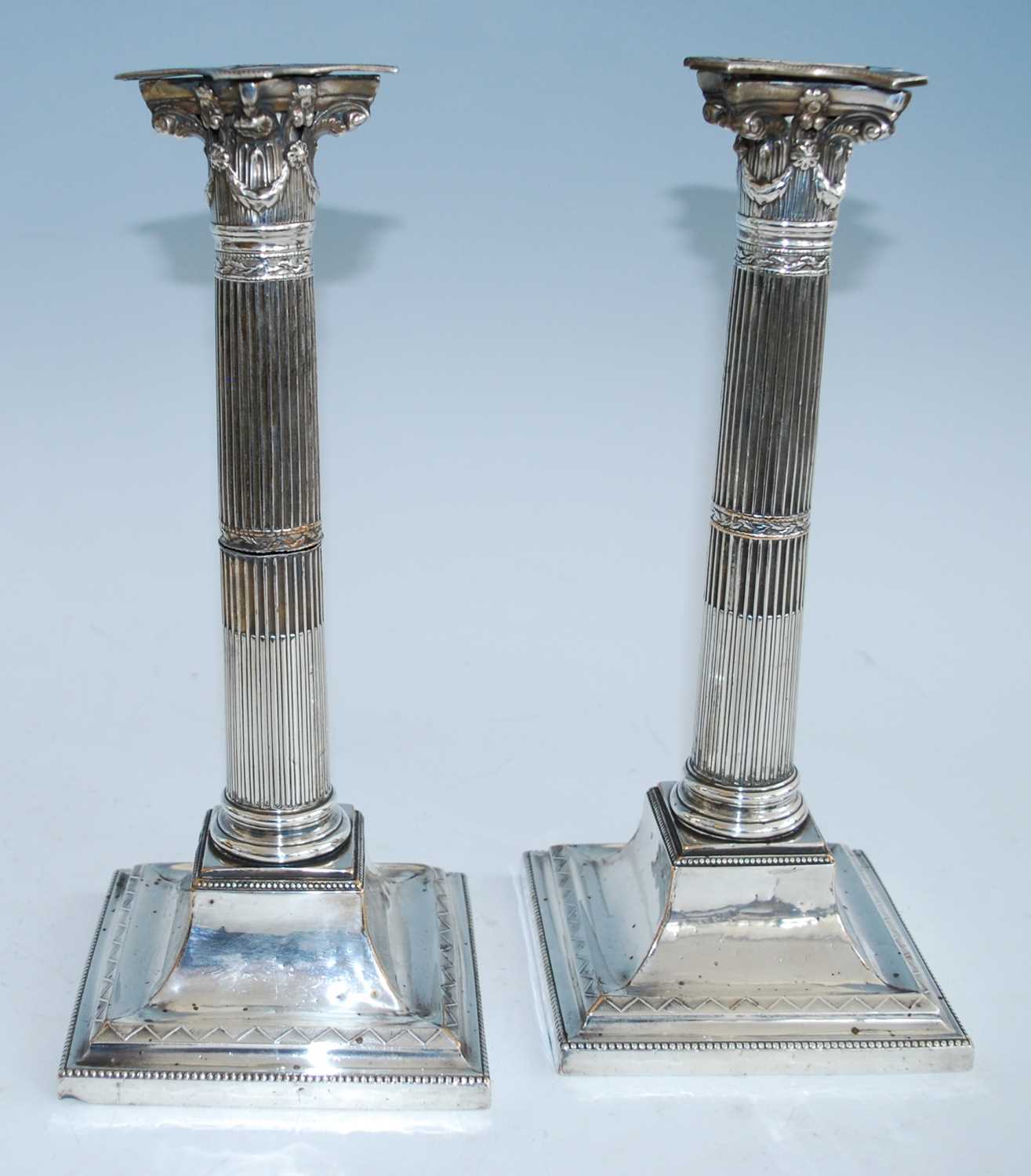 Two pairs of 19th century silver plated candlesticks, each stop fluted column standing upon beaded - Image 7 of 12