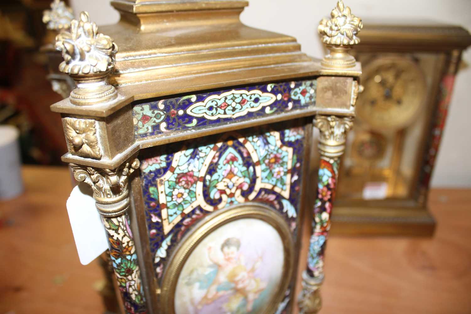 An early 20th century French ormolu and champleve enamel mantel clock, the convex white enamel Roman - Image 17 of 18