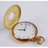 An early 20th century 18ct gold cased lady's half hunter pocket watch, having enamelled outer cover,