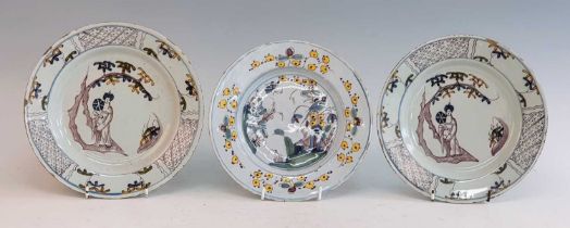 A pair of circa 1740 Temple Back Bristol delftware plates, each decorated with a Chinese lady in