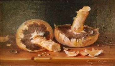 Raymond Campbell (b.1956) - Still life with mushrooms, oil on panel, signed lower right, 10 x 16.5cm