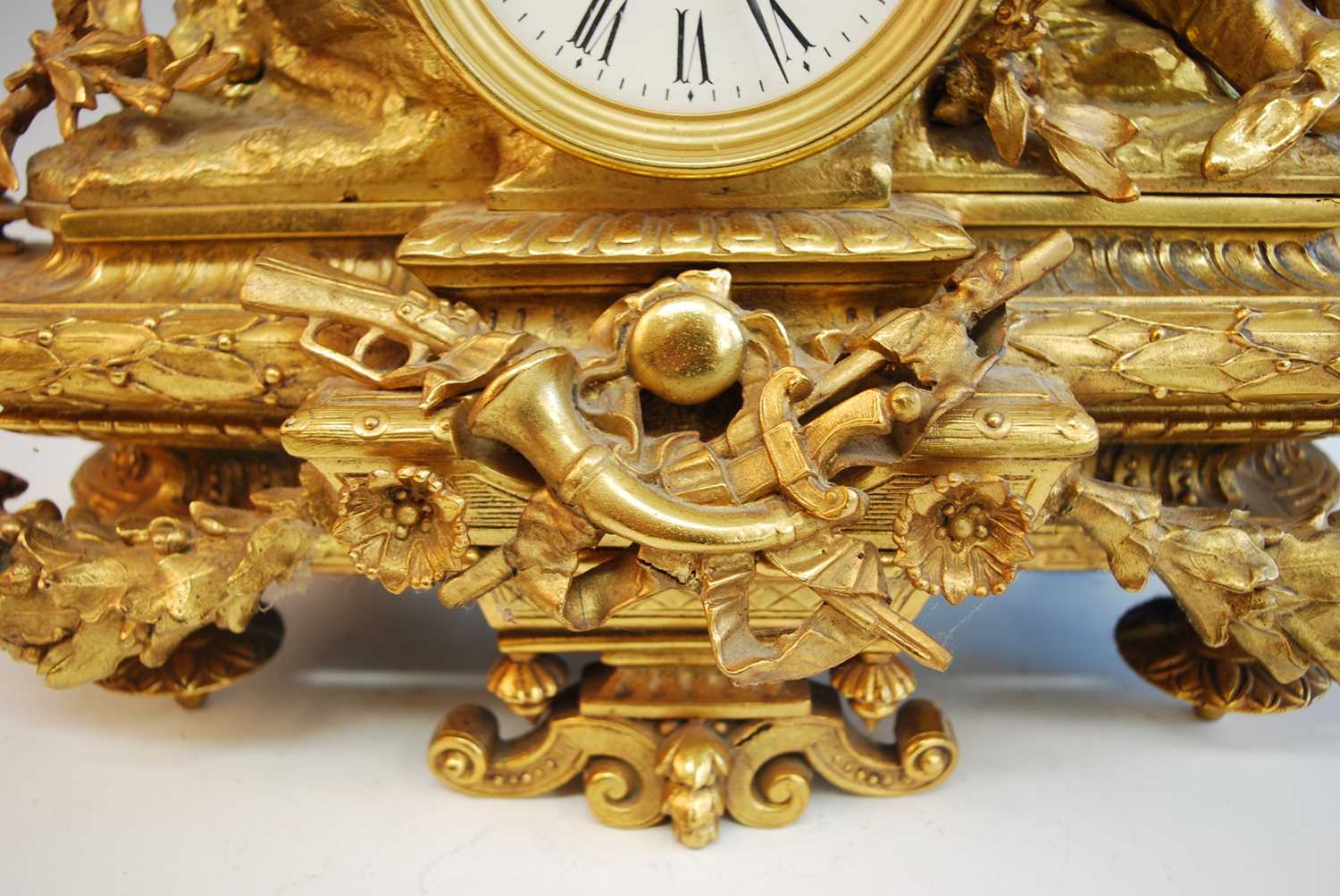 A late 19th century French gilt brass mantel clock, of good size, the white enamel Roman dial - Image 5 of 8