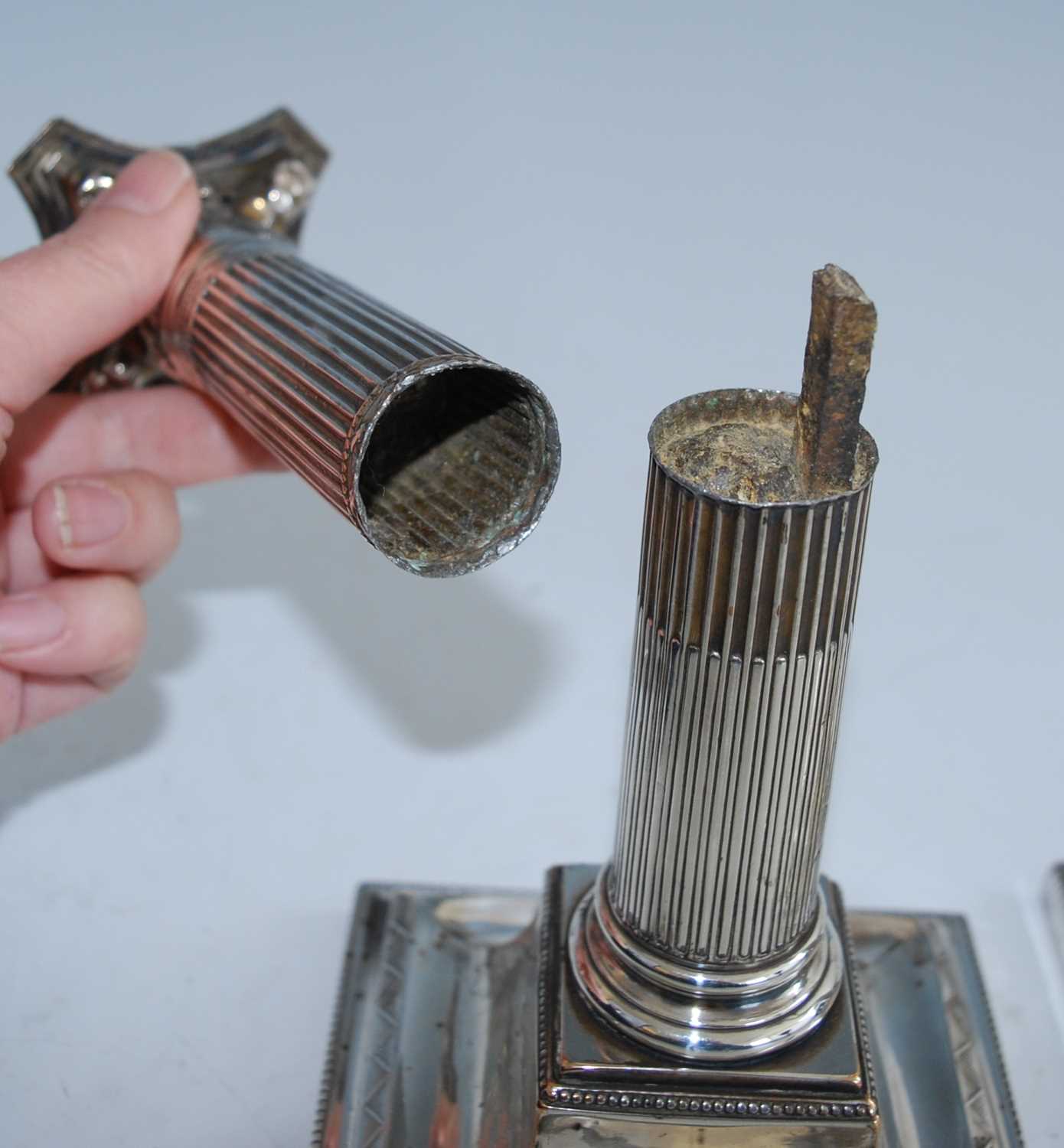 Two pairs of 19th century silver plated candlesticks, each stop fluted column standing upon beaded - Image 8 of 12