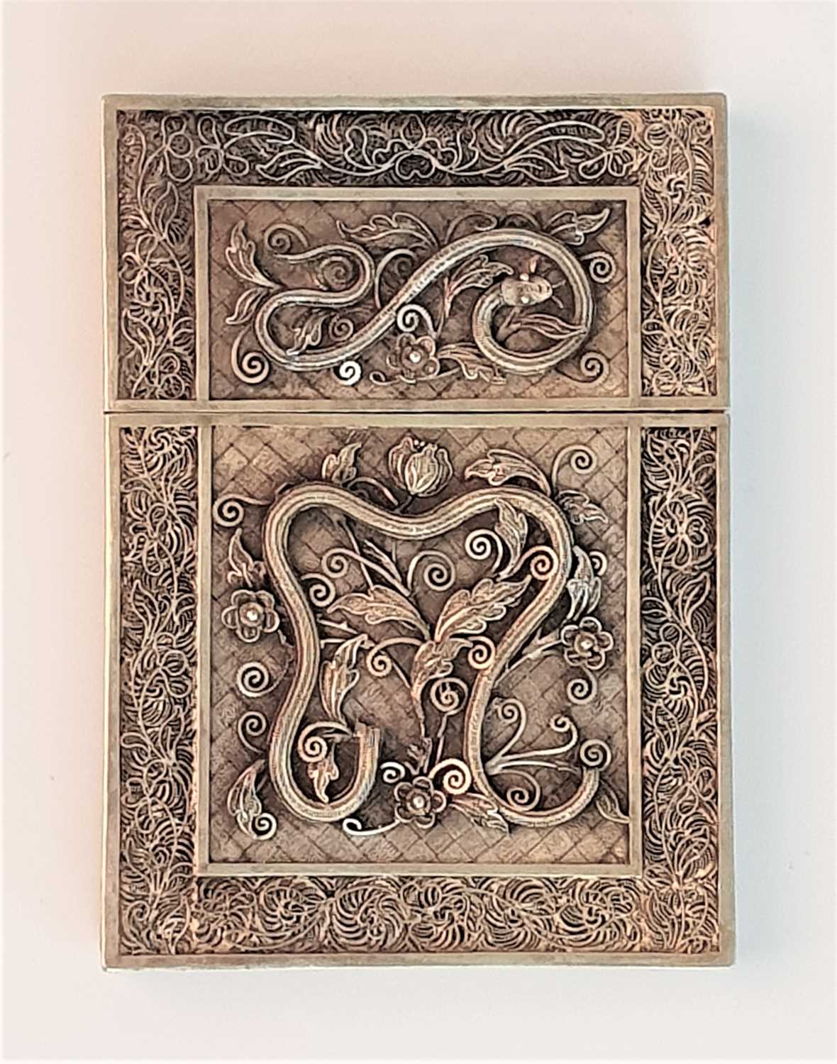 A 19th century Chinese export yellow metal filigree card case, of rectangular form and in two parts, - Image 3 of 3