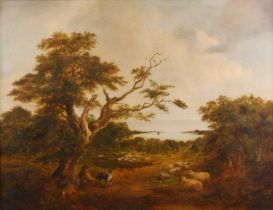Robert Burrows (1810-1883) - Extensive river landscape with shepherd watching over his flock, oil on