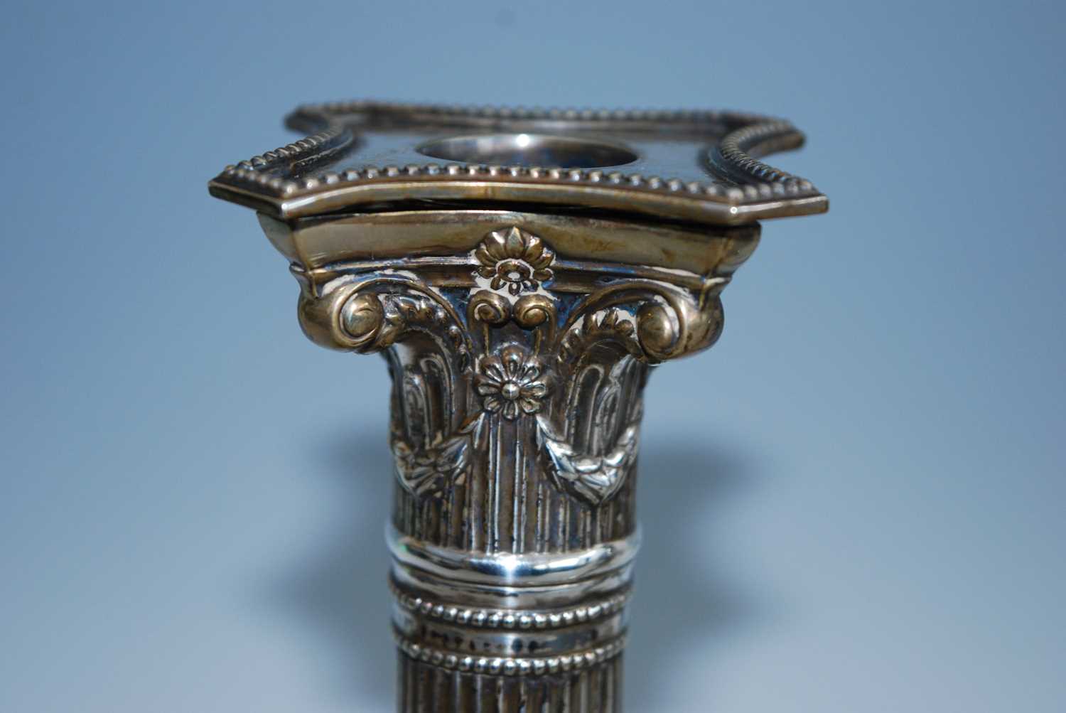 Two pairs of 19th century silver plated candlesticks, each stop fluted column standing upon beaded - Image 6 of 12