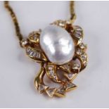A contemporary yellow metal cultured pearl and diamond set pendant, the large pearl measuring approx