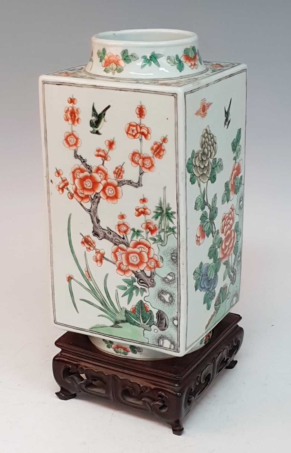 A Chinese Qing dynasty famille verte cong vase, 19th century, of square section, the four sides - Image 6 of 15