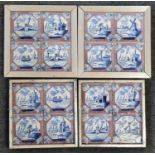 A set of sixteen 18th century Delft tin glazed earthenware wall tiles, decorated with typical scenes