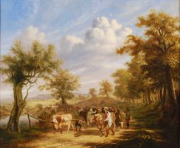 William Smith (act.1813-1859) - Country folk driving cattle on a wooded track, oil on canvas (re-