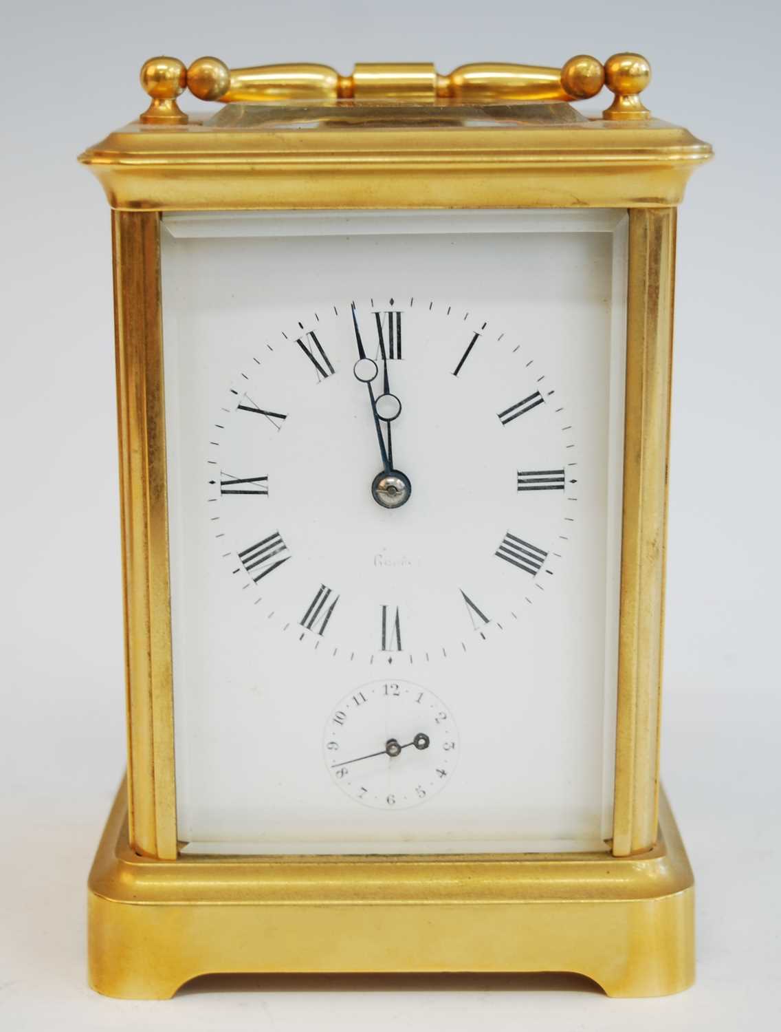 A late 19th century French lacquered brass carriage clock with alarm, having white enamel Roman dial - Bild 2 aus 6