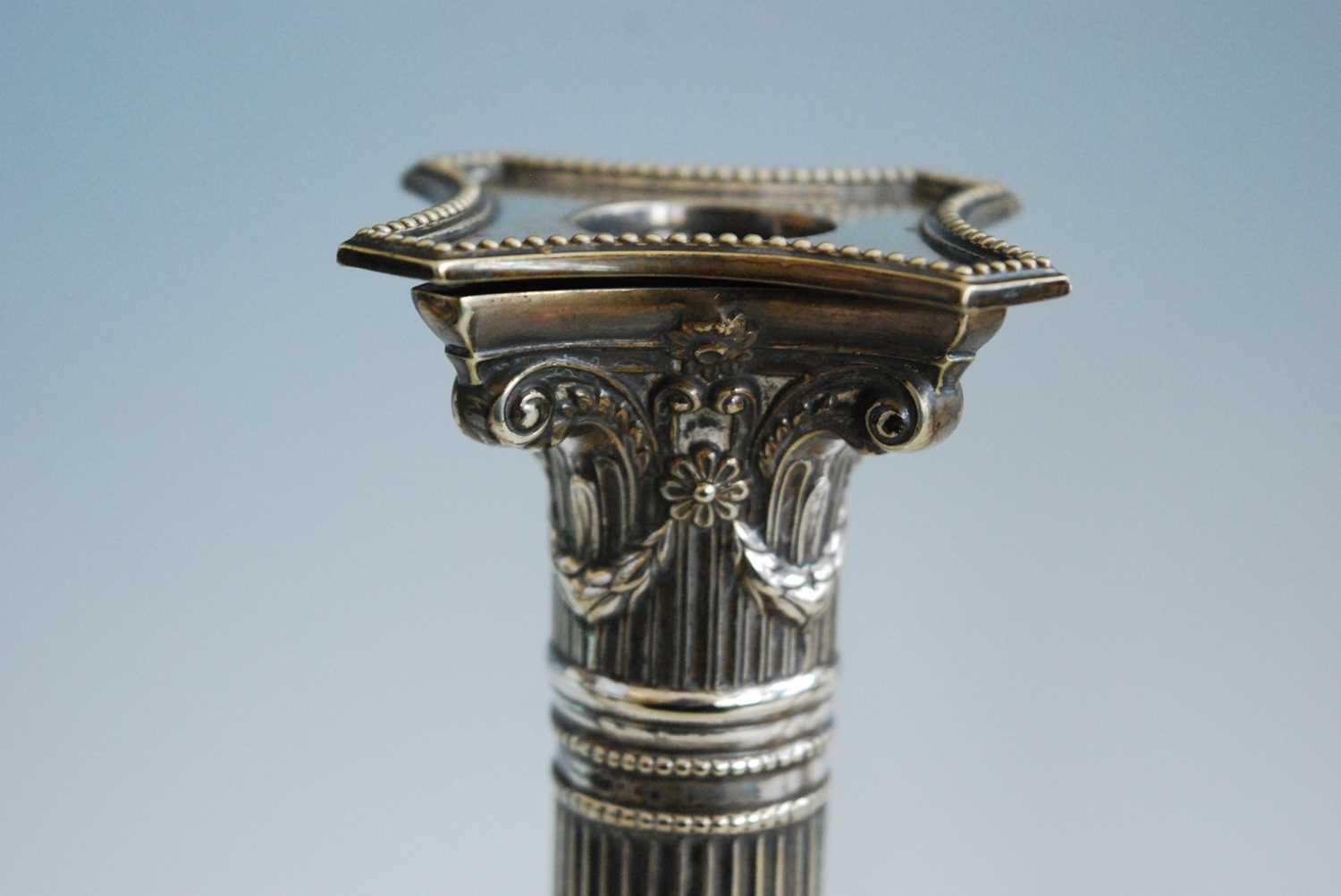 Two pairs of 19th century silver plated candlesticks, each stop fluted column standing upon beaded - Image 5 of 12