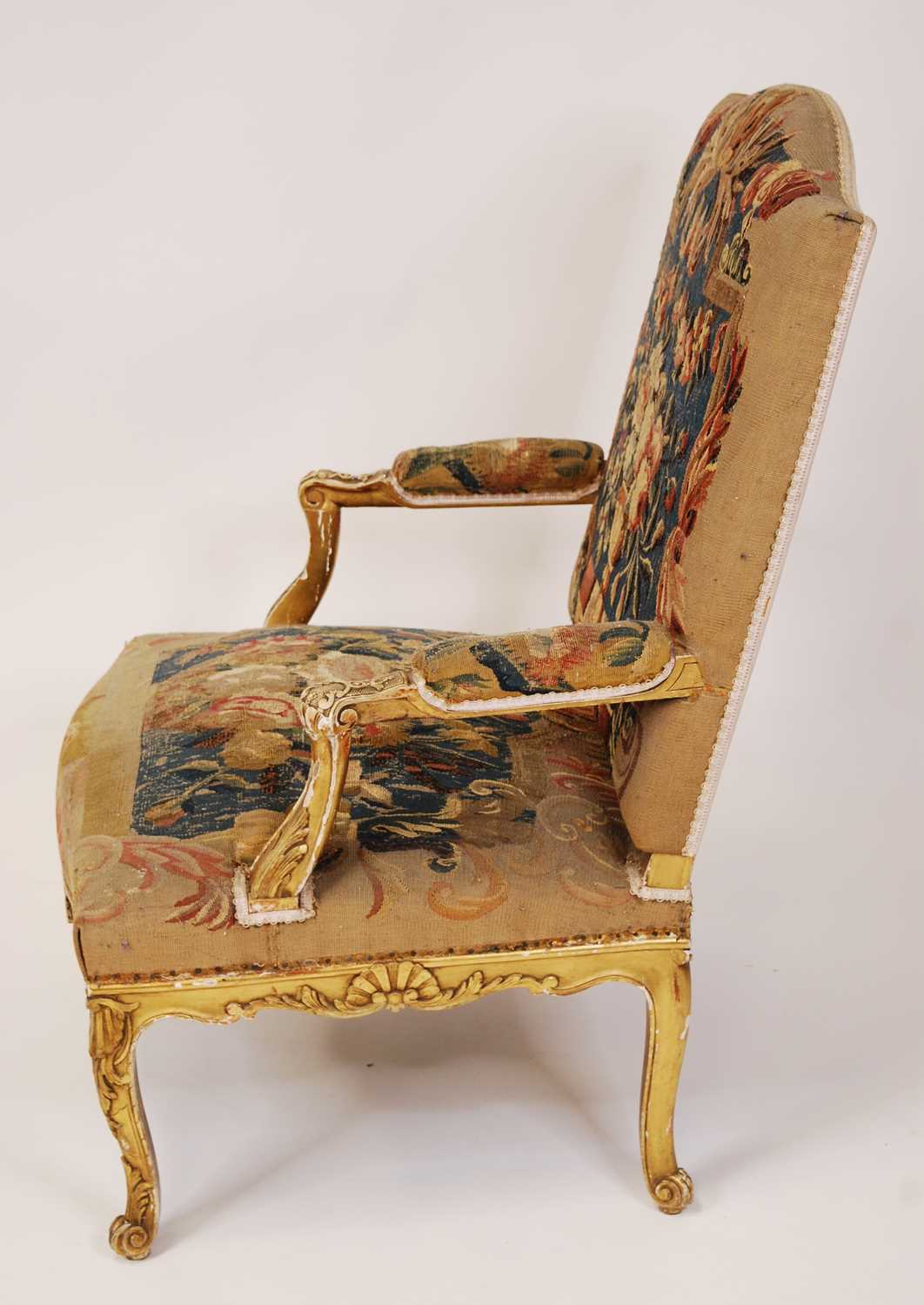 A 19th century French giltwood framed and needlework tapestry upholstered fauteuil, in the Régence - Image 7 of 7