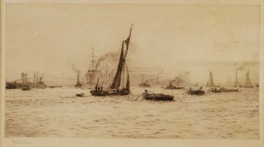 William Lionel Wyllie (1851-1931) - Blackwall Reach on the Thames, drypoint etching, signed in