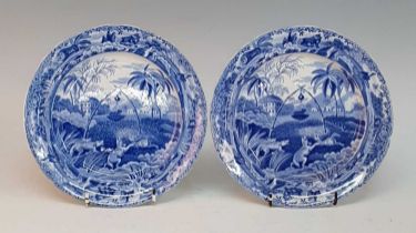 A pair of circa 1810 Spode Indian Sporting series blue and white transfer decorated side plates,