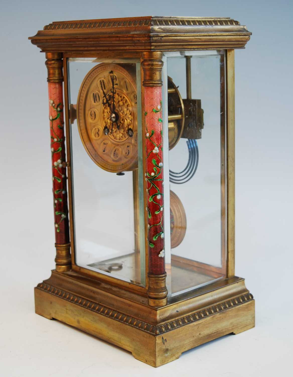 A circa 1900 French ormolu and enamel decorated four glass mantel clock, the circular Arabic dial - Image 4 of 6