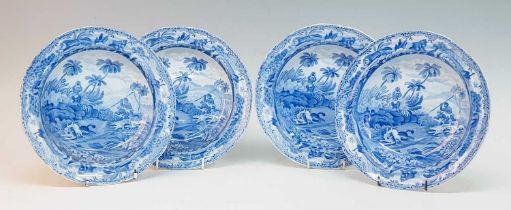 A set of four circa 1810 Spode Indian Sporting series blue and white transfer decorated soup dishes,
