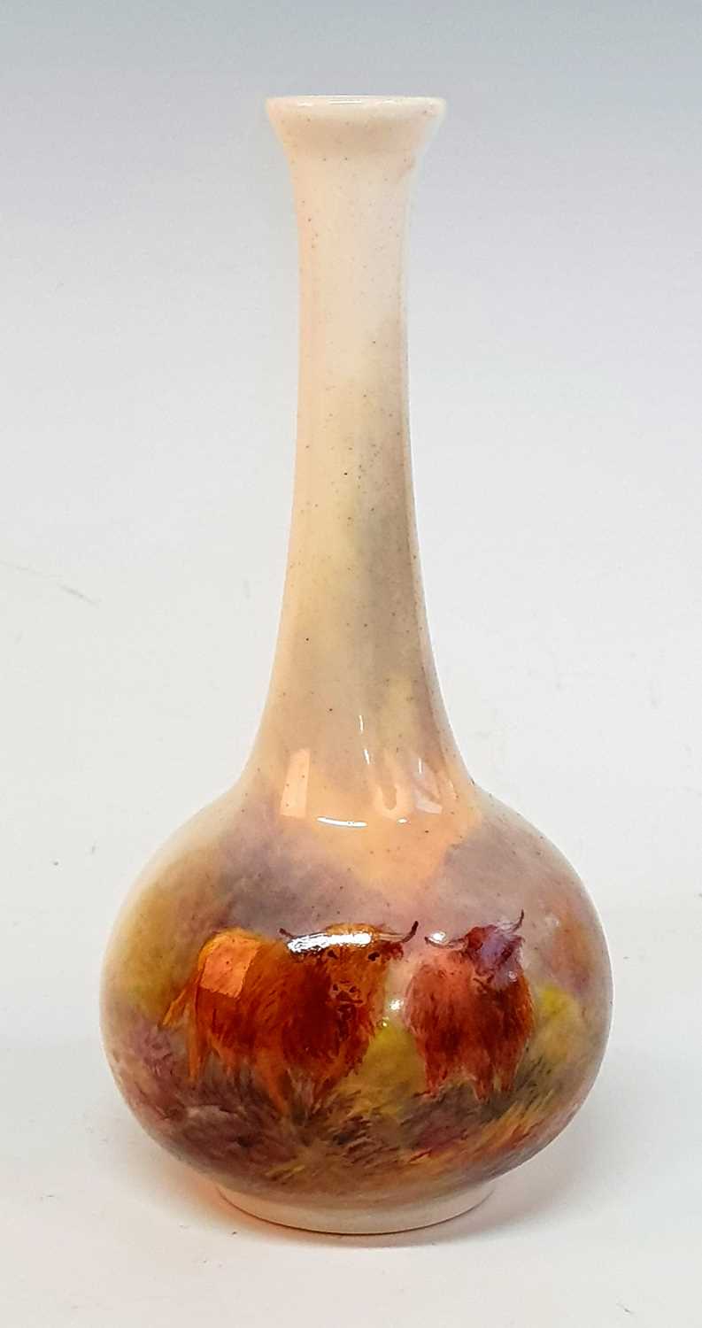 A circa 1934 Royal Worcester bud vase, shape 2491, decorated with highland cattle, signed Stinton,