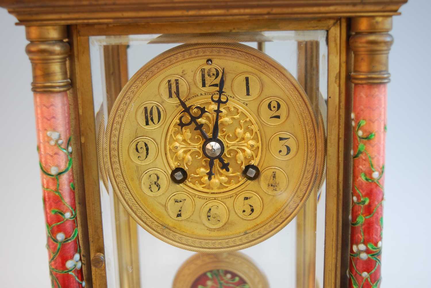 A circa 1900 French ormolu and enamel decorated four glass mantel clock, the circular Arabic dial - Image 3 of 6