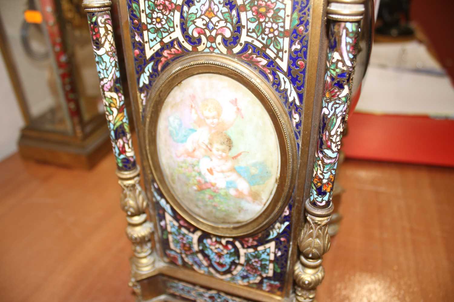 An early 20th century French ormolu and champleve enamel mantel clock, the convex white enamel Roman - Image 11 of 18