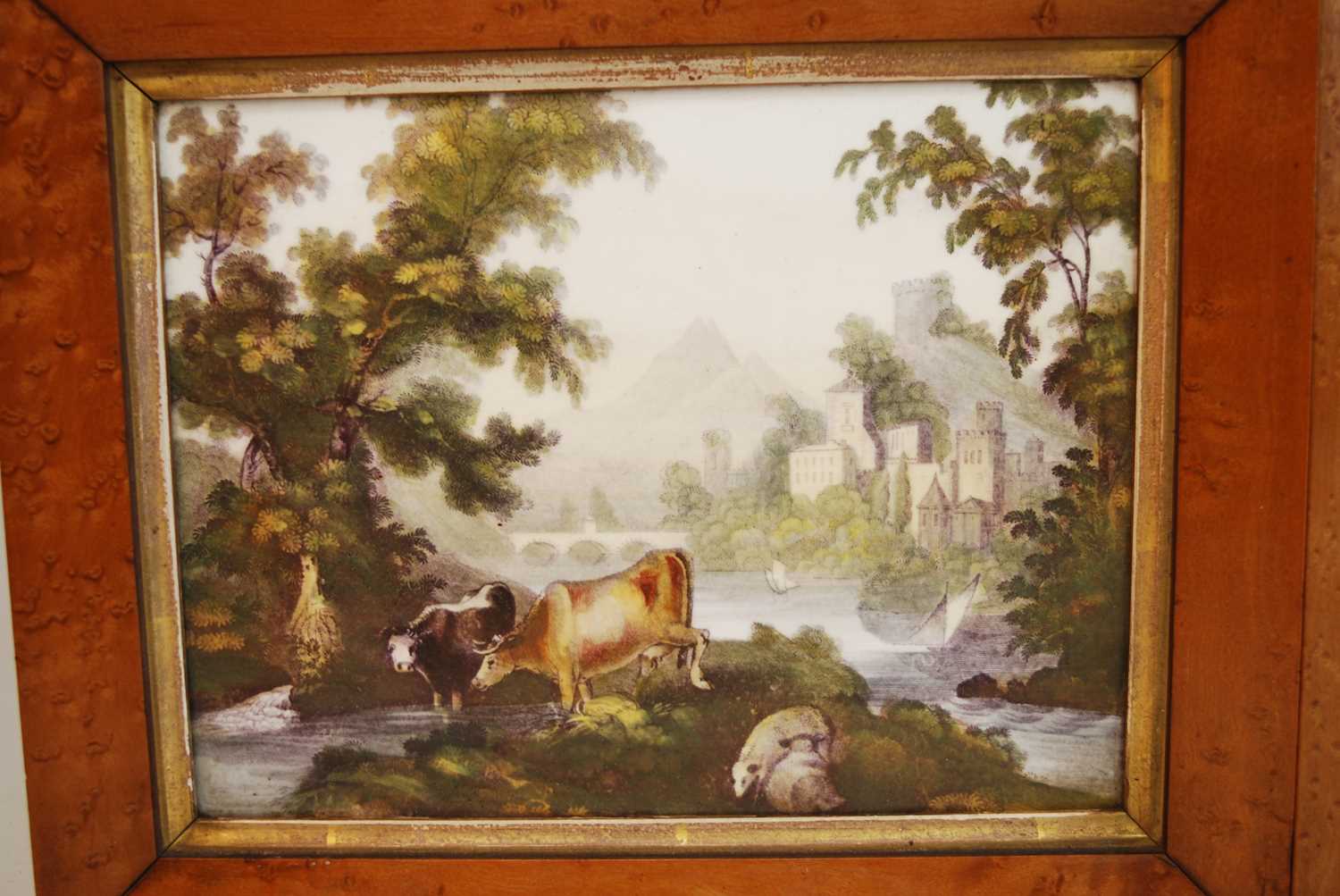 Pair; Cattle watering on a riverbank with castle beyond, prints on opaque porcelain, late 19th - Image 3 of 5