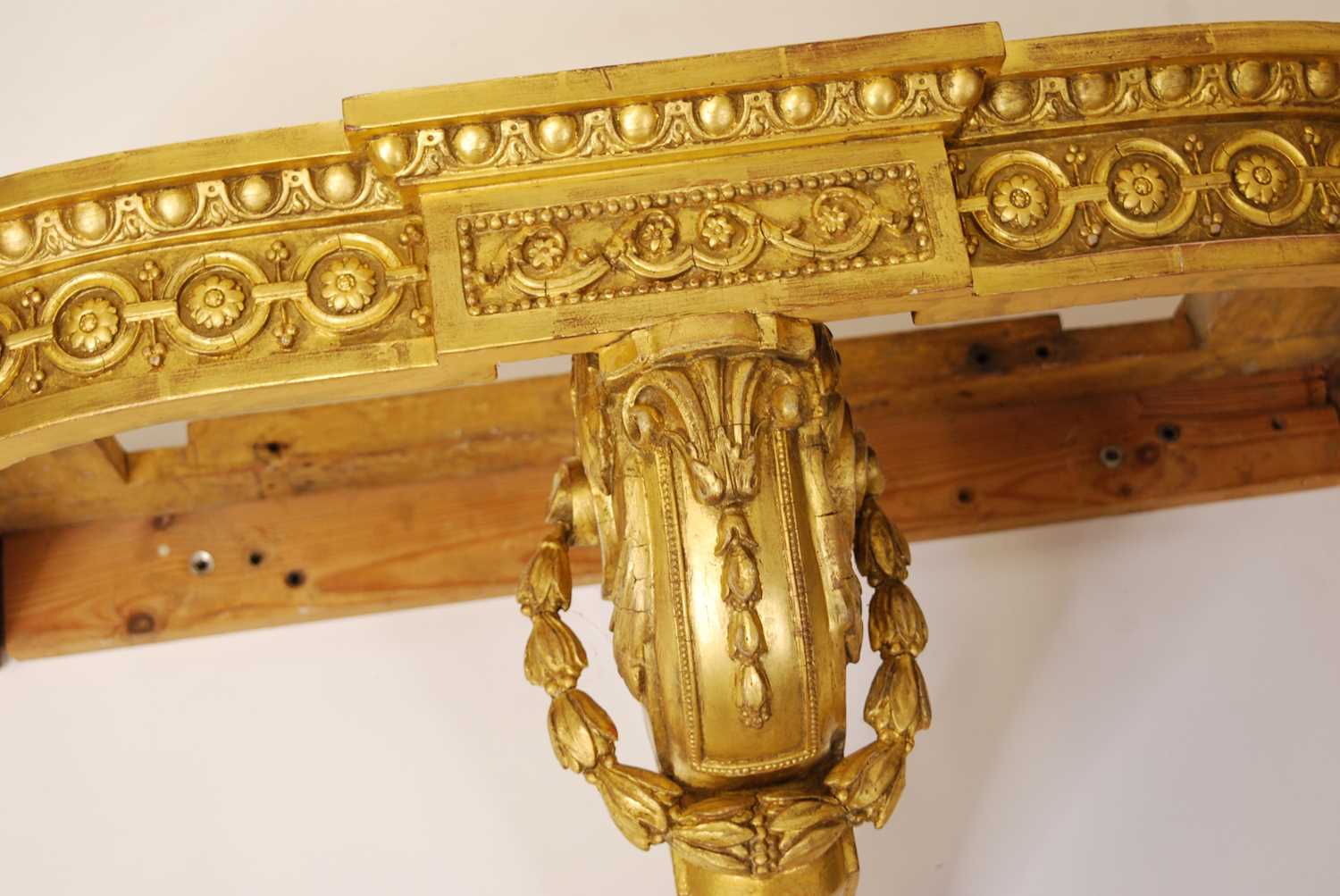 A late 19th century French giltwood console table, the recently manufactured floral decorated - Image 4 of 5