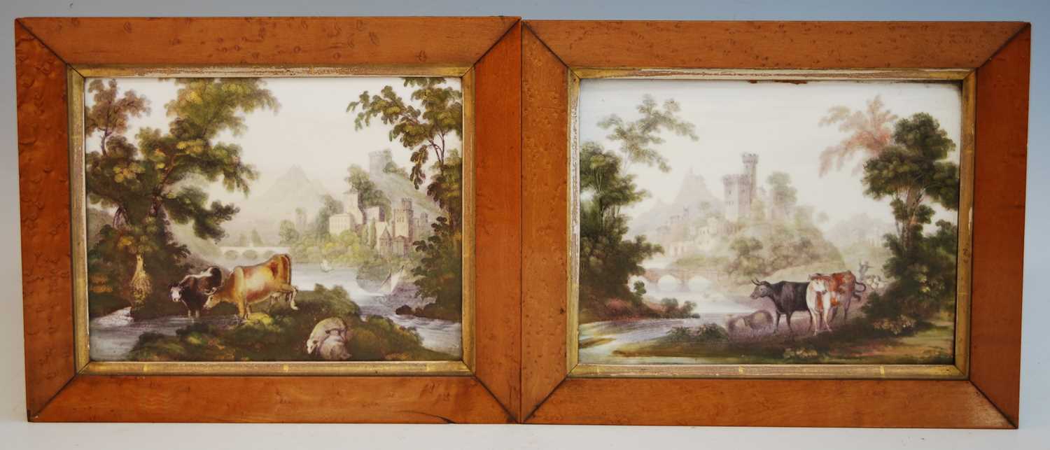 Pair; Cattle watering on a riverbank with castle beyond, prints on opaque porcelain, late 19th - Image 2 of 5