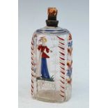 A circa 1770 Bohemian glass brandy bottle, enamel decorated with a lady, h.15cm