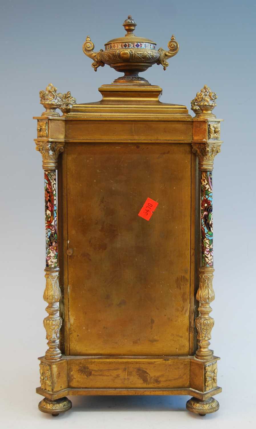 An early 20th century French ormolu and champleve enamel mantel clock, the convex white enamel Roman - Image 6 of 18