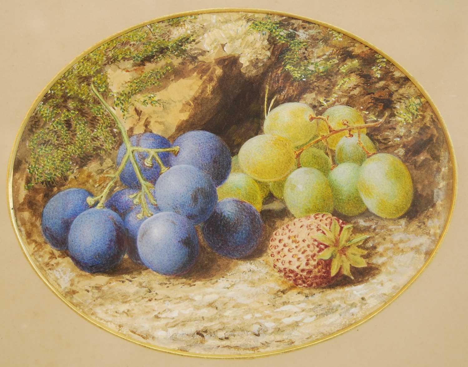 Late 19th century English school - Pair; Studies of fruit on a mossy bank, watercolours heightened - Bild 4 aus 5