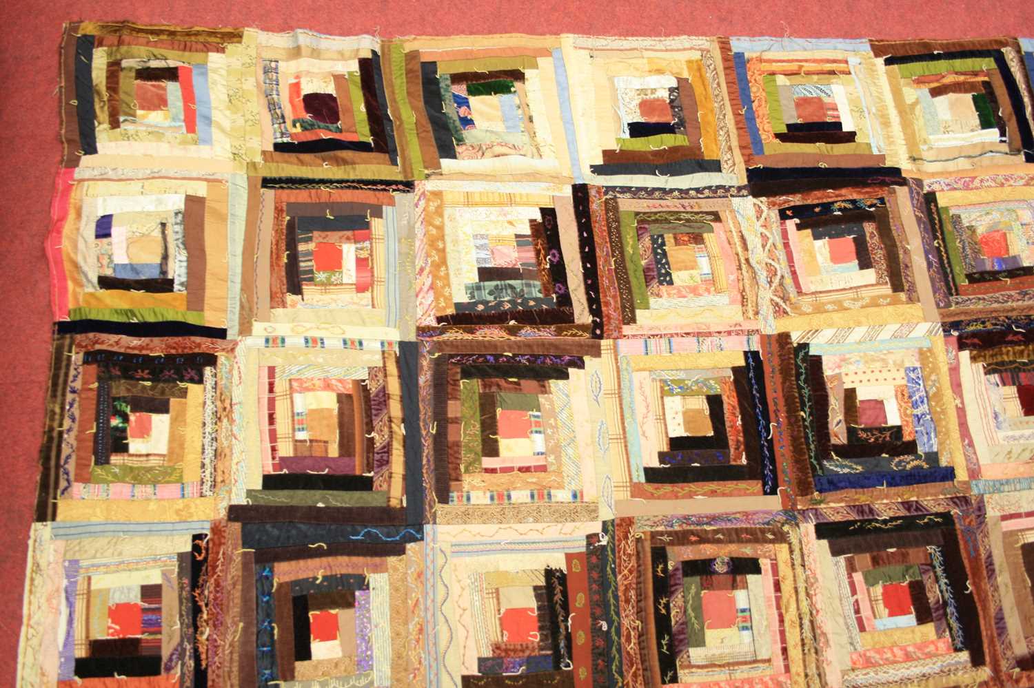 A large Victorian patchwork coverlet, the hand-stitched bed cover in square sections each with - Image 5 of 7