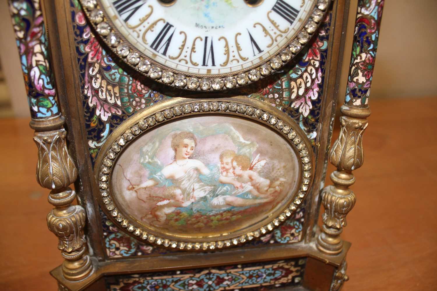 An early 20th century French ormolu and champleve enamel mantel clock, the convex white enamel Roman - Image 14 of 18