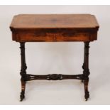 A mid-Victorian figured walnut and birds-eye maple inlaid foldover card table, having a baize