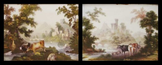 Pair; Cattle watering on a riverbank with castle beyond, prints on opaque porcelain, late 19th