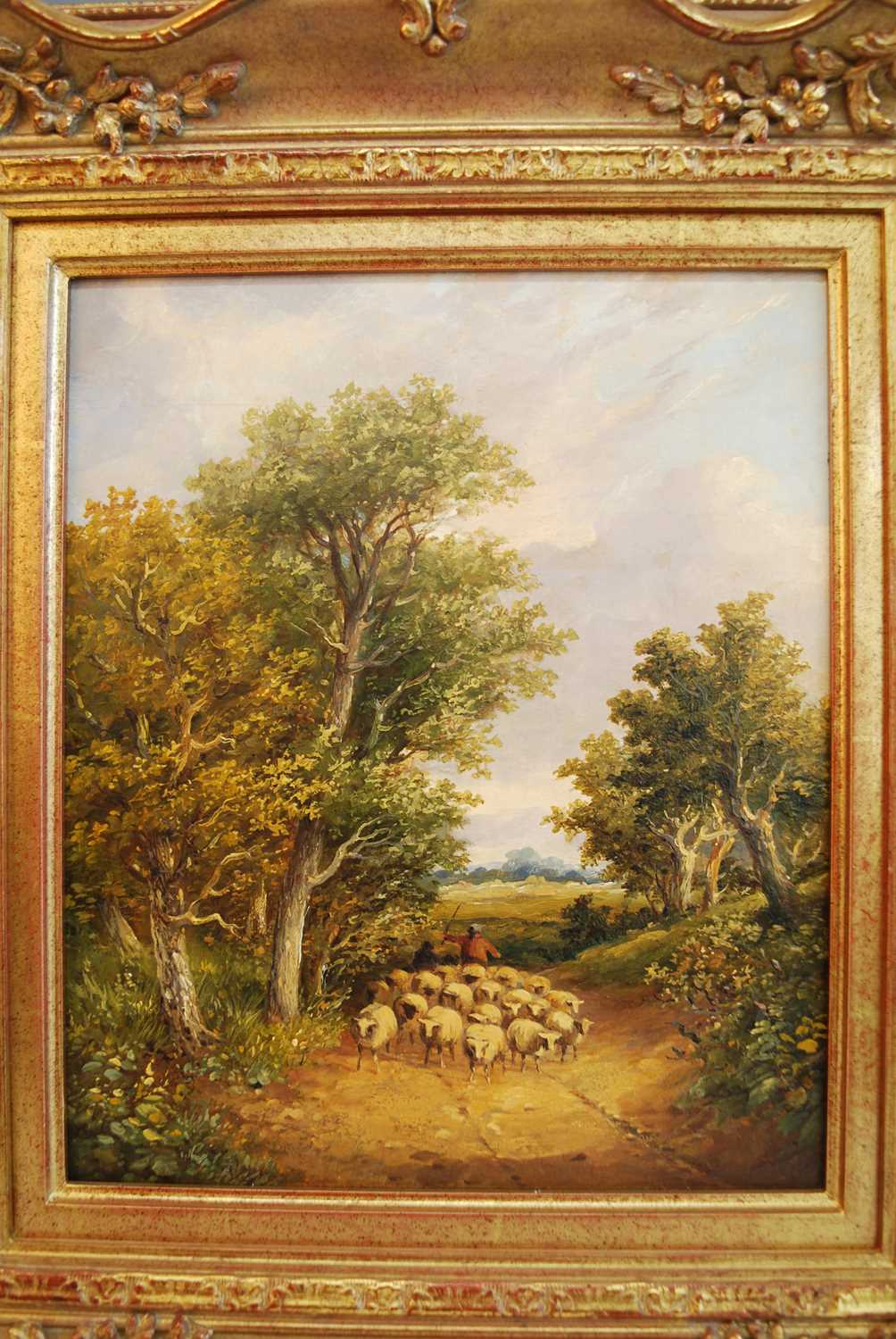 19th century East Anglian school - Shepherd and flock heading for home, oil on panel, 27 x 23cm - Image 2 of 3