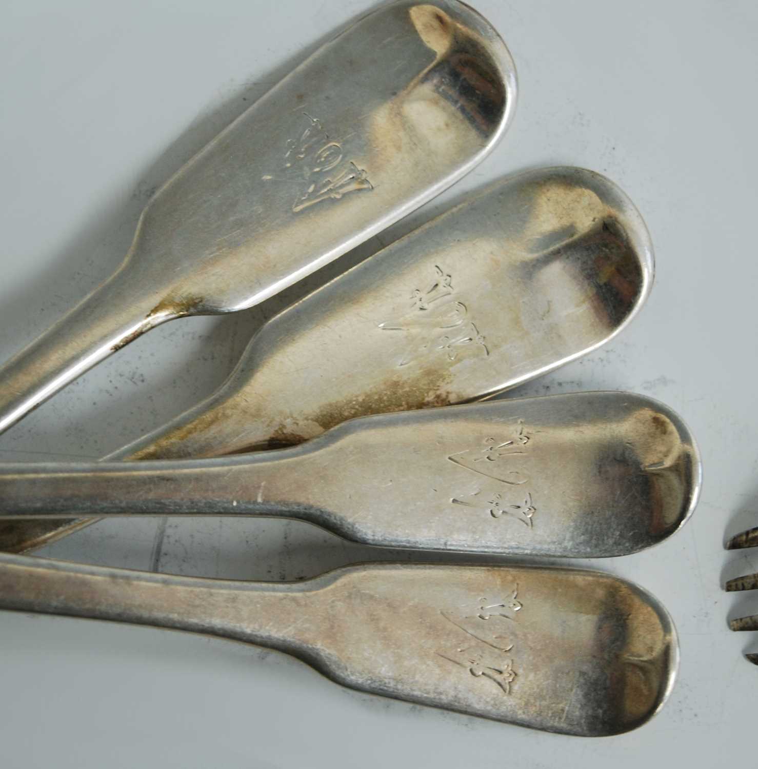 A set of six William IV silver table forks together with a matched set of six dessert forks, all - Image 8 of 8