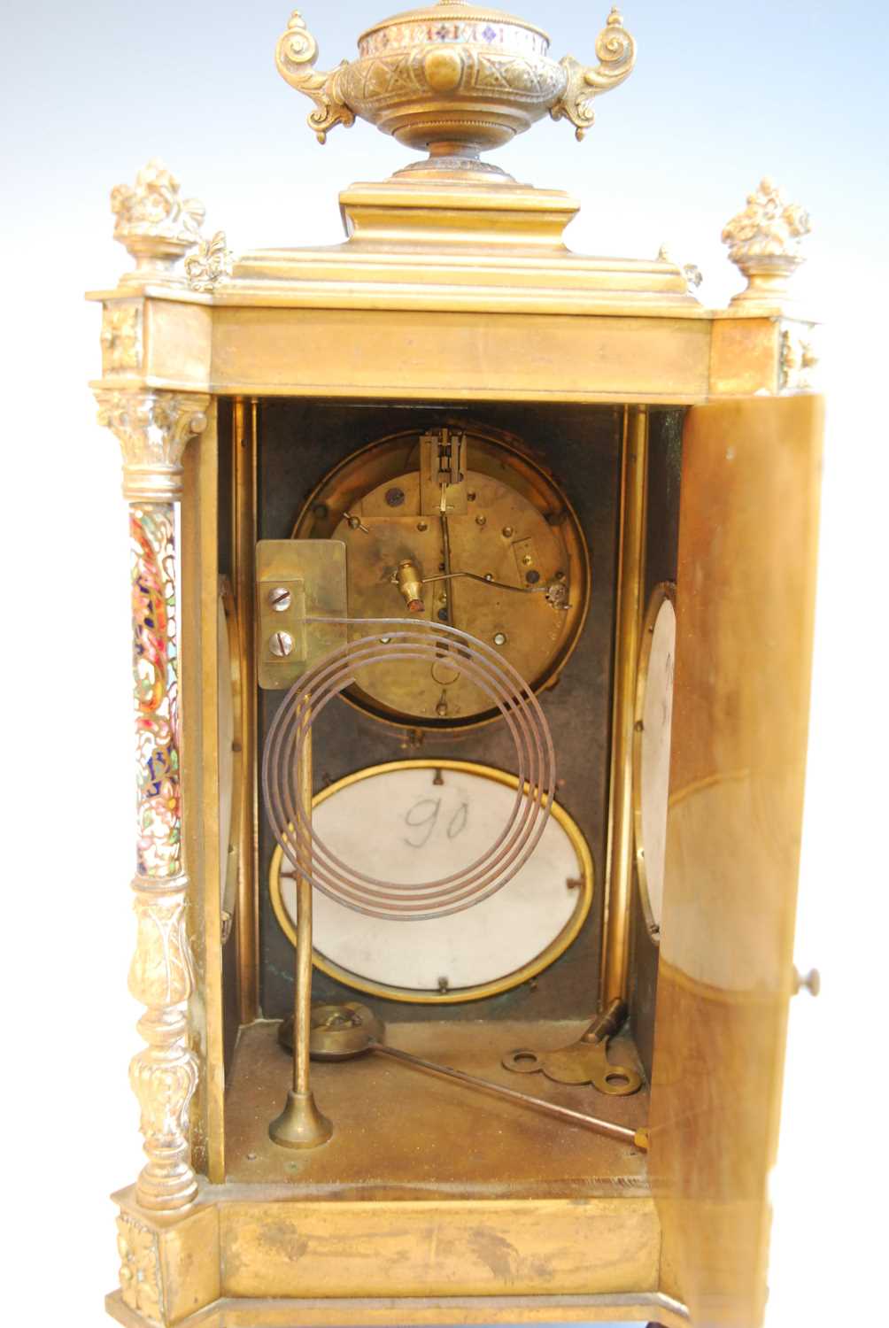 An early 20th century French ormolu and champleve enamel mantel clock, the convex white enamel Roman - Image 7 of 18