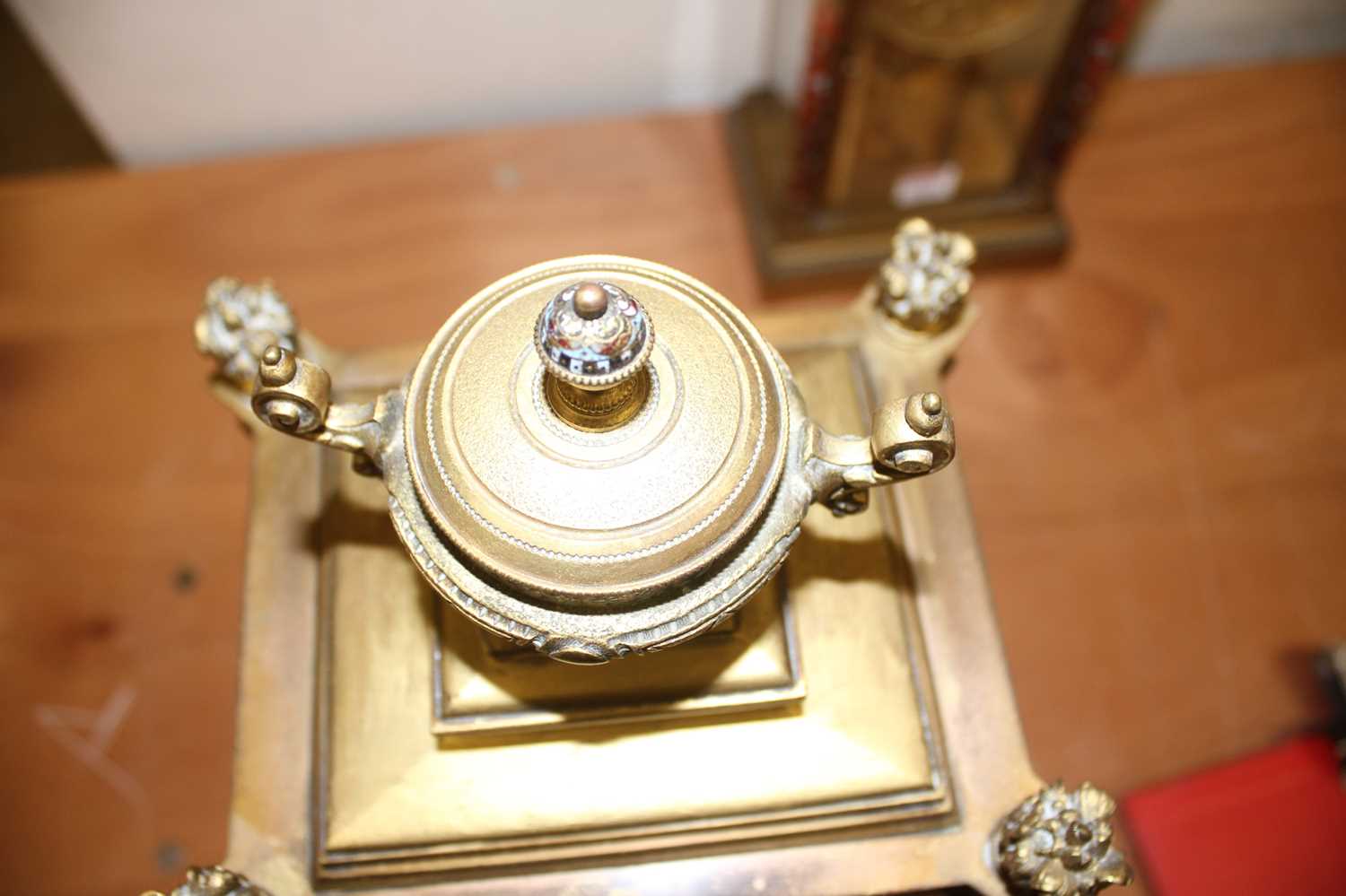 An early 20th century French ormolu and champleve enamel mantel clock, the convex white enamel Roman - Image 8 of 18