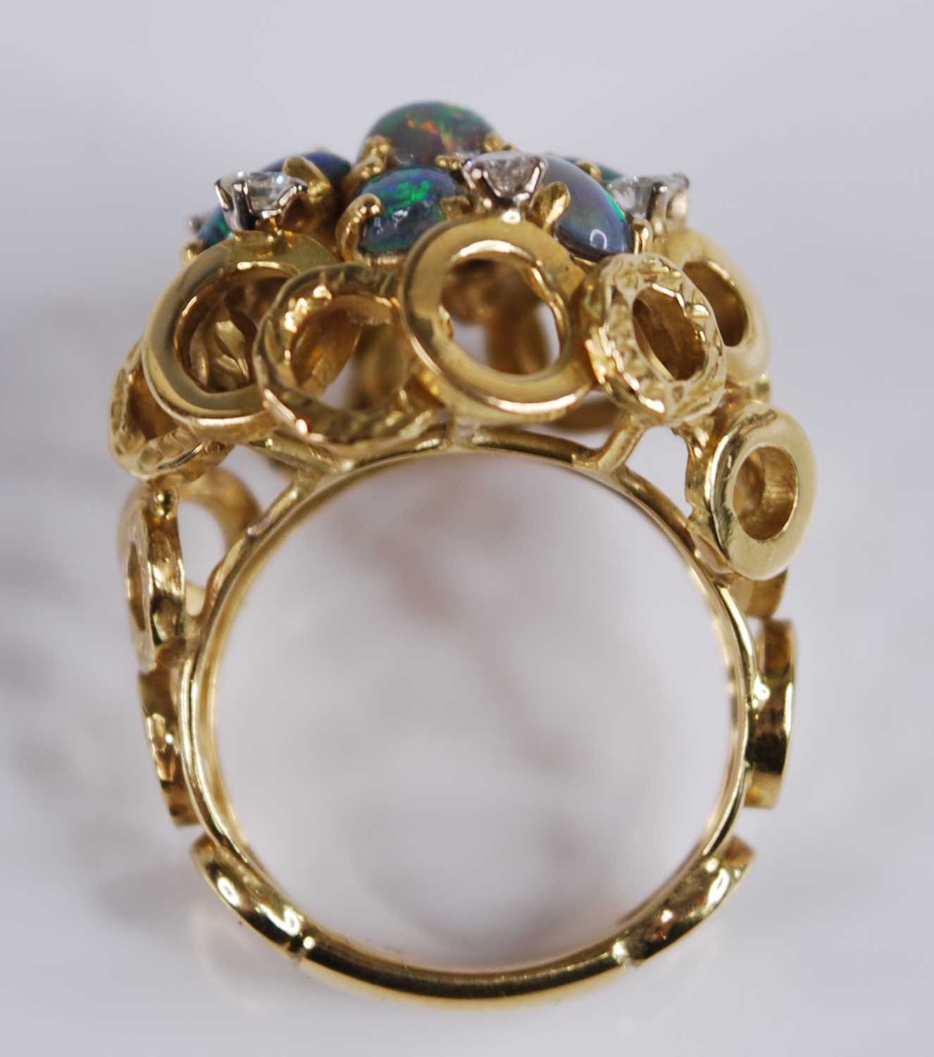 An 18ct yellow gold, opal and diamond bombe cluster ring, comprising seven opal cabochons - Image 4 of 7