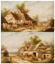 Georgina Lara (act.1840-1880) - Pair; Busy farmyard scenes with horses, chickens and figures, oil on