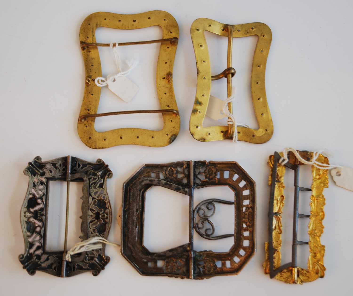 Five 19th century buckles, one being a long rectangular pinchbeck example repousse embossed with - Image 2 of 2