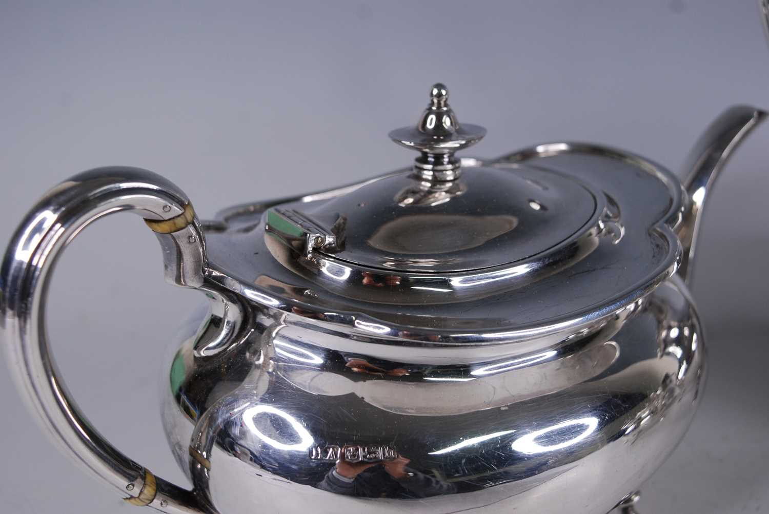 A George V silver four-piece tea and coffee service, each of undecorated oval bombe form, the tea - Image 3 of 3