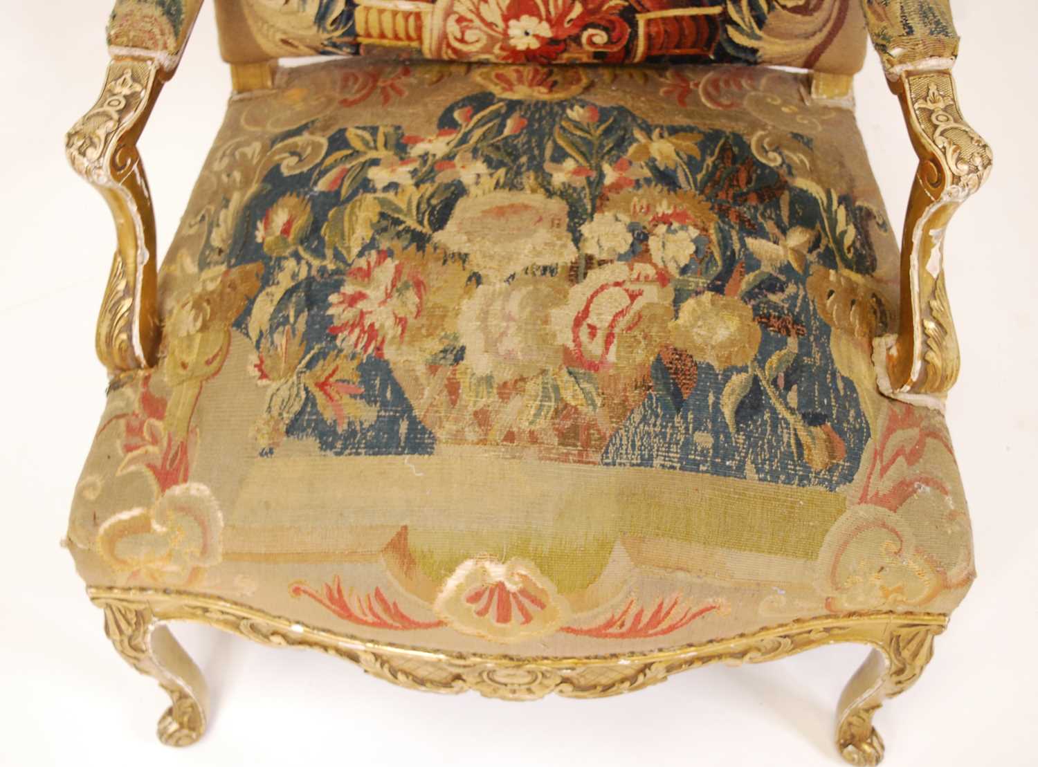 A 19th century French giltwood framed and needlework tapestry upholstered fauteuil, in the Régence - Image 3 of 7